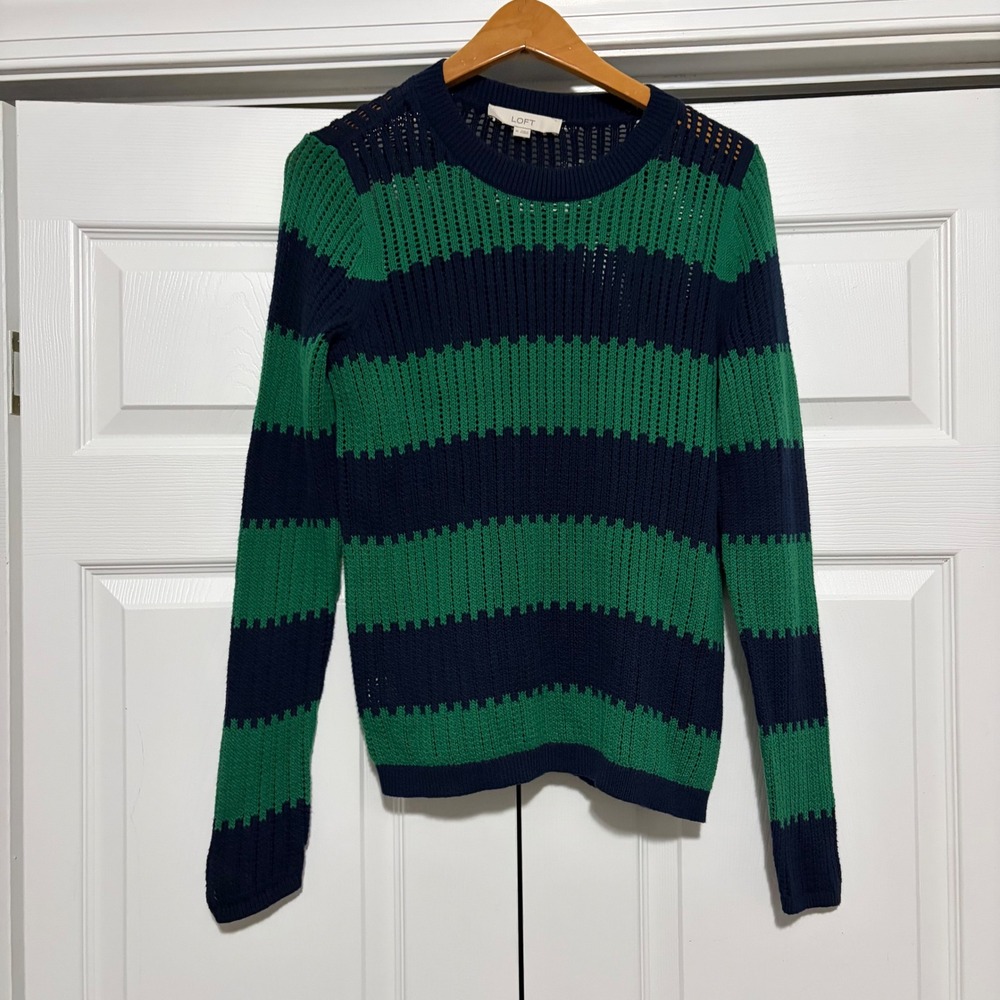 LOFT Open Knit Striped Sweater Women Size M Green Navy Blue Prep Rugby Fall